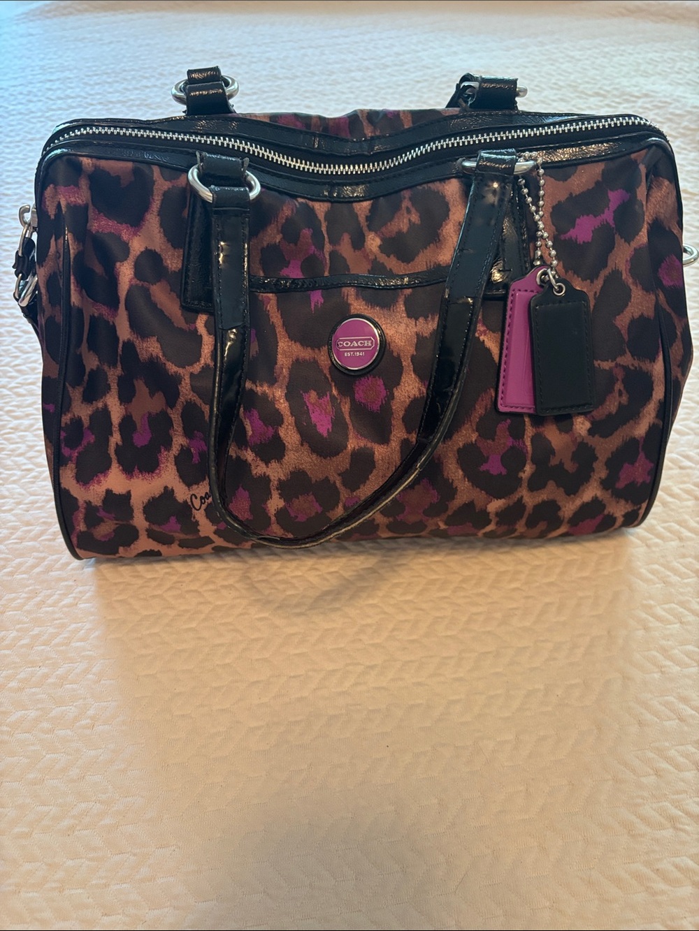 Coach Poppy Ocelot Leopard Purple Satin Satchel Bag